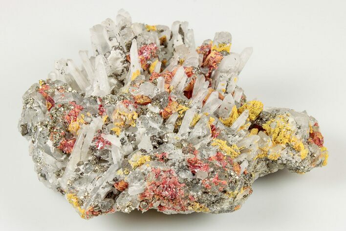 Vibrant Red Realgar & Pyrite on Quartz Crystal Cluster - Peru #195769